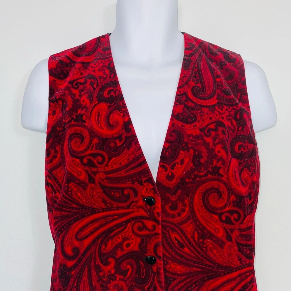 Chaleco vintage Leslie Fay para mujer M rojo negro terciopelo cachemir Foto 3 de 4