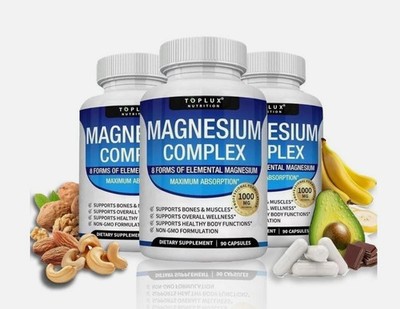 3Pack Toplux Nutrition Magnesium Complex 1000mg Supports 8 Elemental Magnesium