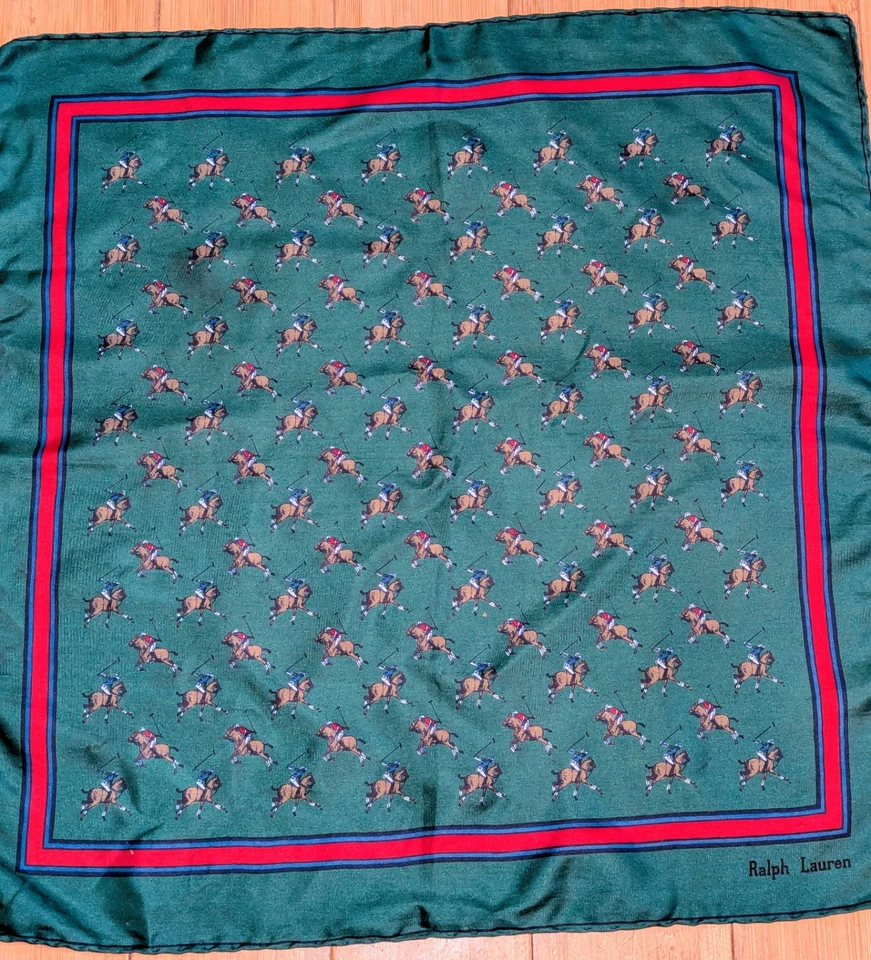 Pañuelo Polo Caballo Vintage Años 2000 Ralph Lauren Seda 19x19 Verde Rojo Borde Foto 2 de 4