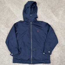 Polo Ralph Lauren Jacket Boys 7 Navy Blue Full Zip Hood Fleece Lined Preppy Vtg