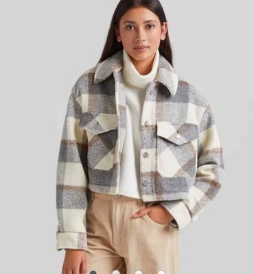 Bershka Women's Plaid Cropped Shacket Jacket Button Front Pockets Collared XS