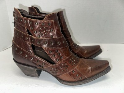 LANE Booties  ''Studs & Straps'' Cognac Leather Boho Rock Style Heel Zipper Sz 7 