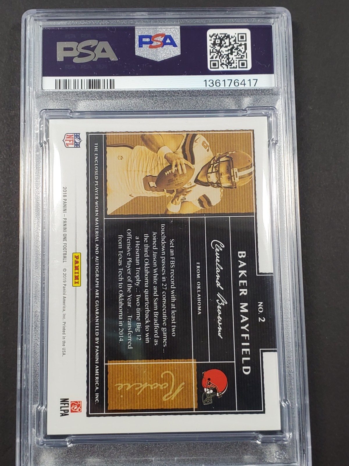 2018 PANINI ONE BAKER MAYFIELD BLUE ROOKIE AUTO PATCH SIGNATURE SP  /99 PSA 9 view 7