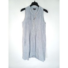 Quince Pintuck Linen Swing Dress Size Medium Blue Stripes Coastal Minimal Casual