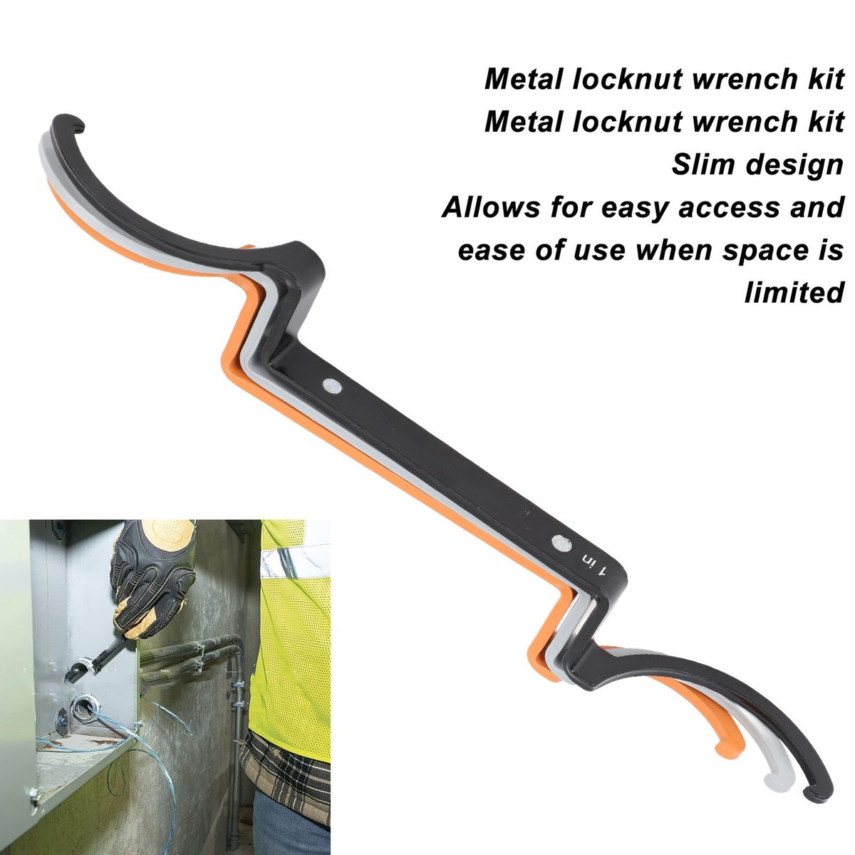 6-Piece Locknut Wrench Set – Ultra-Thin Offset Bent Design, Alloy Steel, Color-Coded (Black, Orange, Grey) – 3 Sizes X 2 Each – For Tight Spaces, Plumbing & Electrical