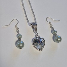 Crystal Heart Silver-tone Pendant Necklace w Faux Pearl Dangle Earrings 2