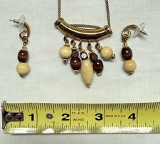 Bar Necklace Earrings Set Goldtone w Wooden Drop Beads