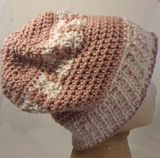 Hand-Crocheted Two-Tone Slouchy Beanie   Dusty Ros and Speckled White Ribbed Hat