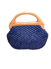 ADG Fashion Imports Vtg Woven Satchel Purse Bag Blue Raffia Wood Handle Japan