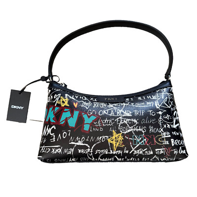 DKNY Carlita EW Baguette Black & Graffiti Print Faux Leather Women's Handbag Bag