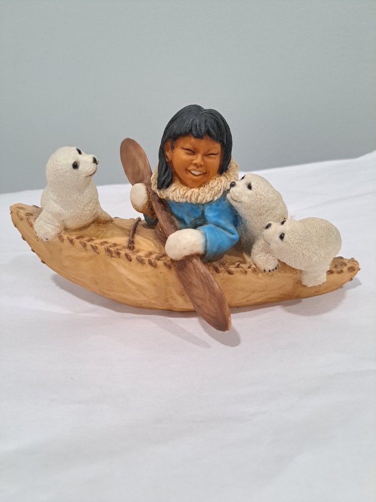 Vintage Castagna Figurine Eskimo Girl In Kayak With Seals Made In Italy