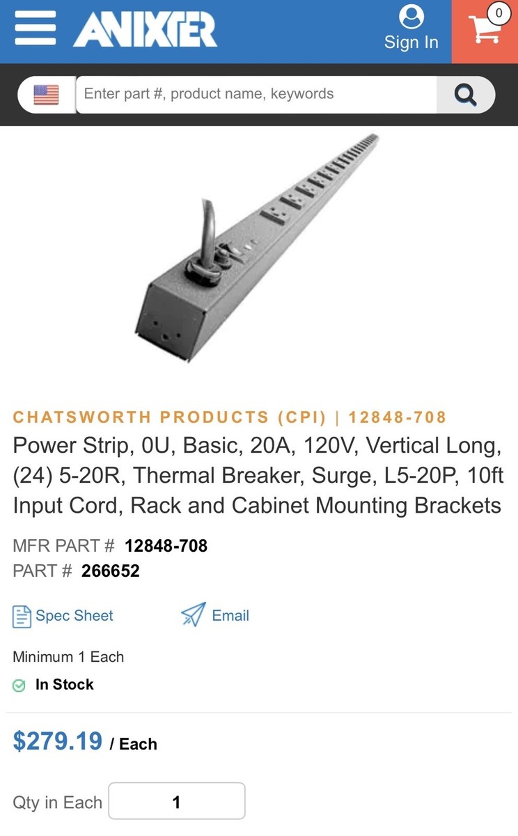 CPI Chatsworth 8 Outlet Power Strip 12816-708, 125VAC 50/60HZ 16A