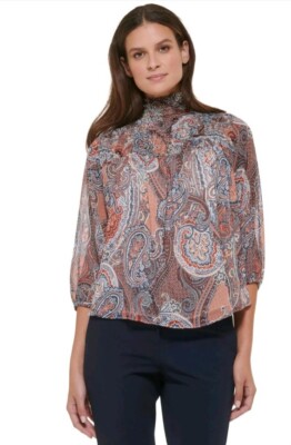 Tommy Hilfiger Women's Paisley-Print Smocked High-Neck Elbow
