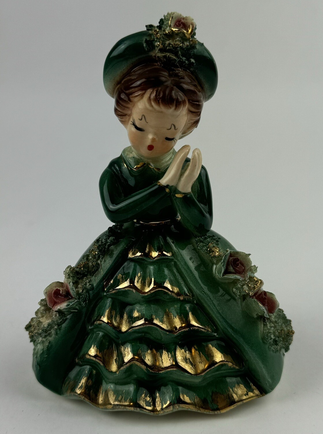 Girl Figurine In Green Dress Hat Ceramic Southern Belle Vintage