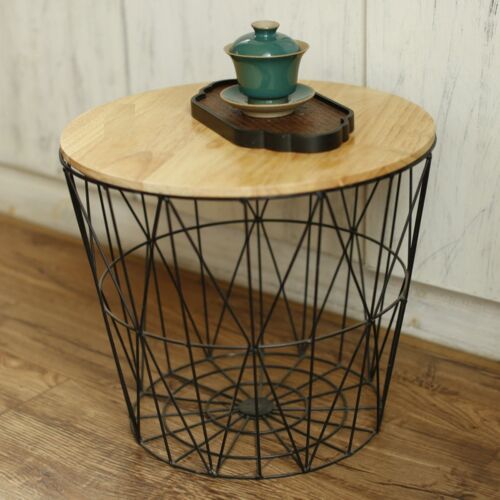 Panier de table d'appoint rétro fil métallique noir en bois rond mobilier de maison - Photo 1/7