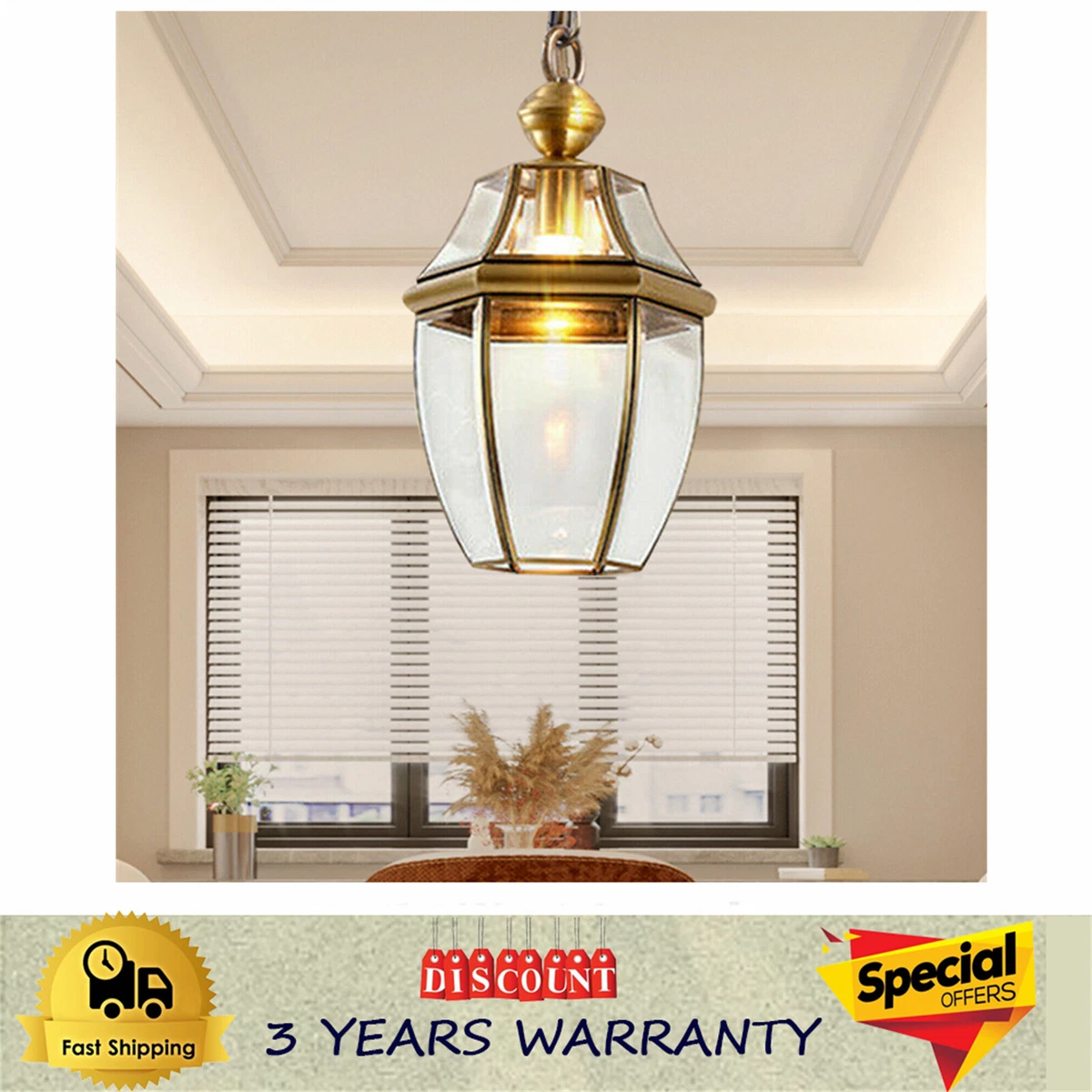 Hanging Ceiling Pendant Light Brass Glass Lantern Box Shade Lamp Bulb Holder