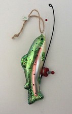 Pottery Barn Glass Fishing Ornament Fish on a Rod Blown Glass Hand-painted New