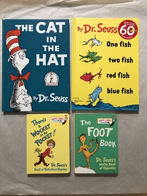 NEW Lot 4 Dr Suess Books One Fish Two Fish,Cat In The Hat,Foot Book,Wocket Pocke