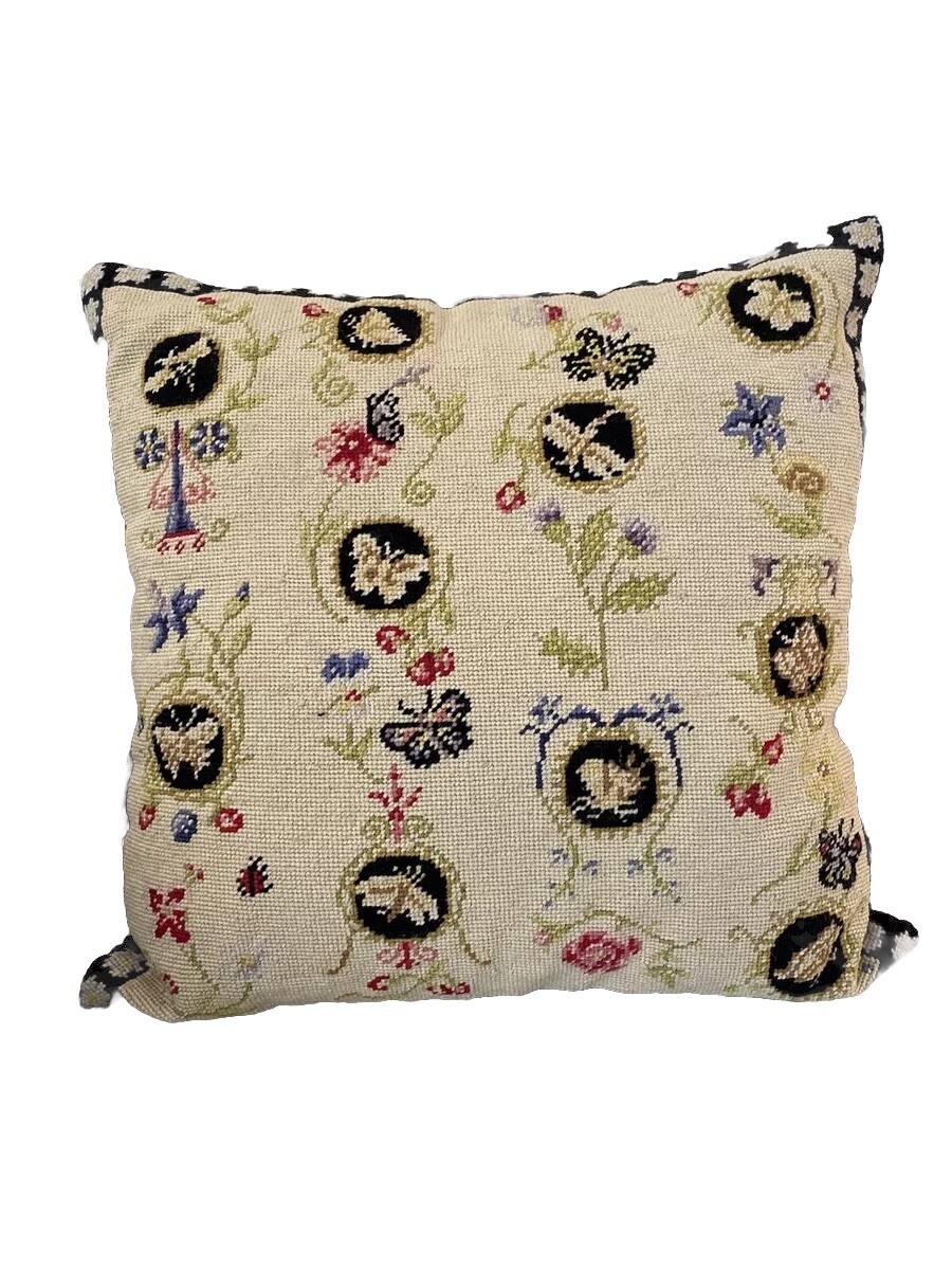 Large Vintage Needlepoint Pillow Butterflies FLOWERS Beige Multicolor  19x19