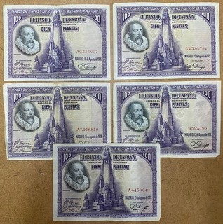 G982 SPAIN 5 BANKNOTE 100 PESETAS 1928 CERVANTES Pick 76. MBC