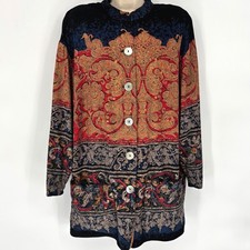 Carole Little Vintage Tapestry Print Button Front Longline Cardigan Jacket Red L