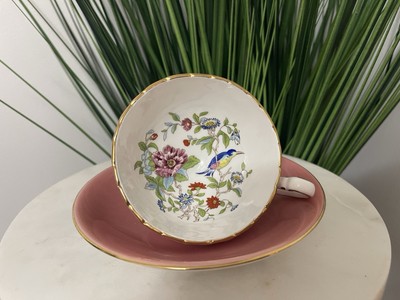 Aynsley Tea Cup & Saucer Pink Pembroke Floral Bird Fine Bone China VTG England
