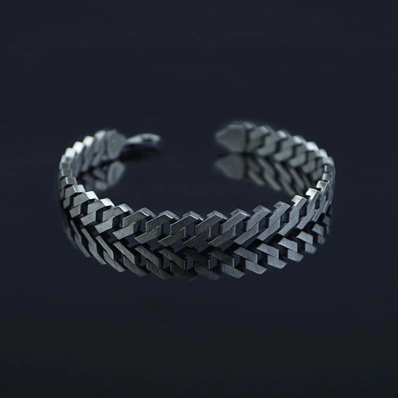 Mens Sterling Silver Cuban Bracelet, Oxized Curb Chain Men Bracelet - Image 3 of 4