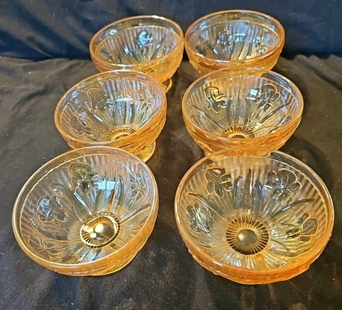6 Jeanette Iris & Herringbone Glass Footed Sherbet Bowls Marigold Dessert Cups