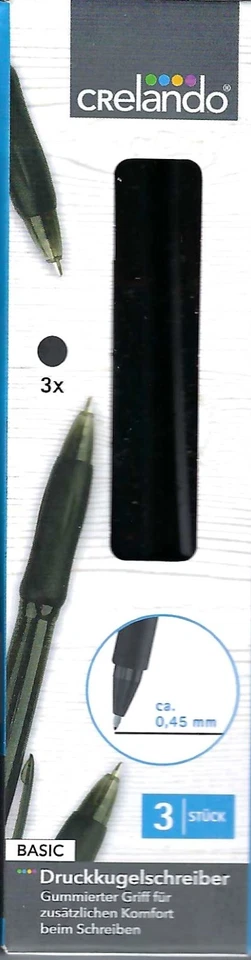 3 Druckkugelschreiber mit gummiertem Griff-schwarz, 0,45mm v. Crelando Neu & OVP