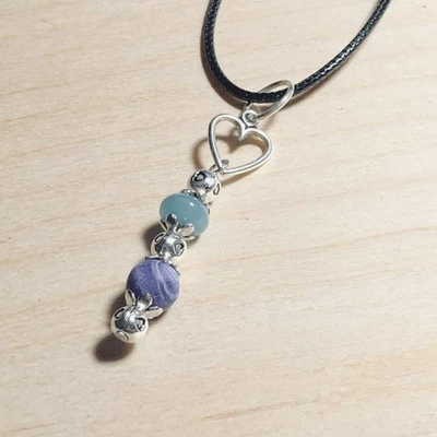 Handmade beaded Aquamarine and purple Dragon Vein Agate pendant necklace - Image 1 of 3