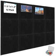 Large Cork Board Wall 12 Pack 11.8" x 11.8" Felt Bulletin Tile Pushpin Black