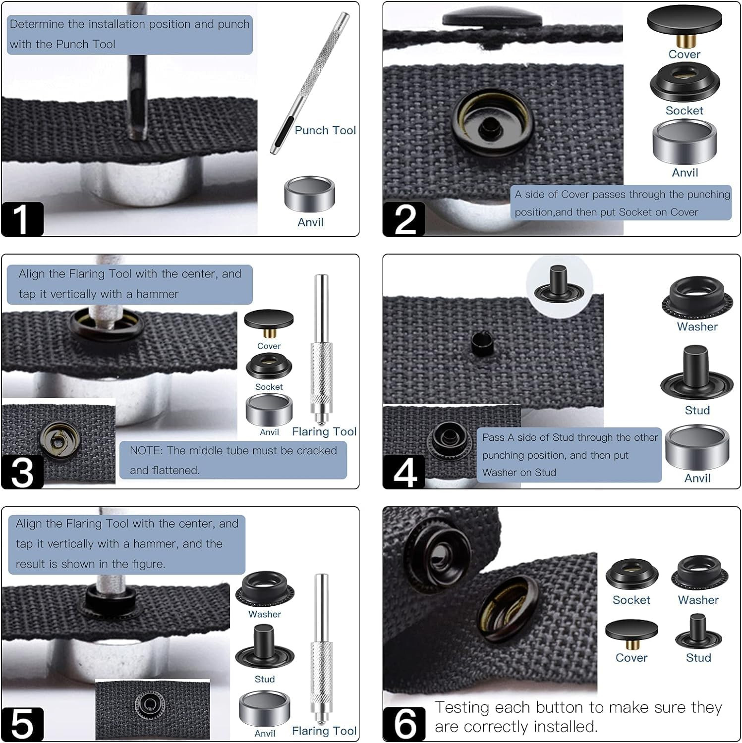 72 Pieces (18Sets) Snap Fastener Kit Tool 15MM Snap Button Kit Snaps for Leather