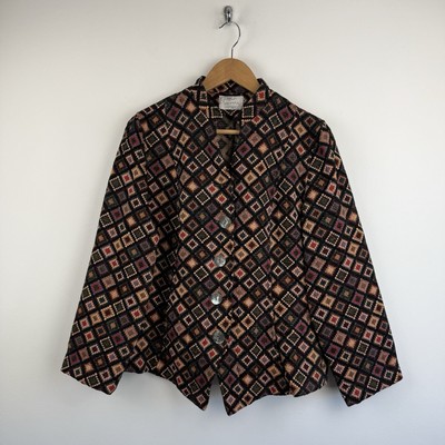 Sahara Jacke Damen S/M V-Ausschnitt Gobelin Karo bestickt Boho Landhaus Vintage