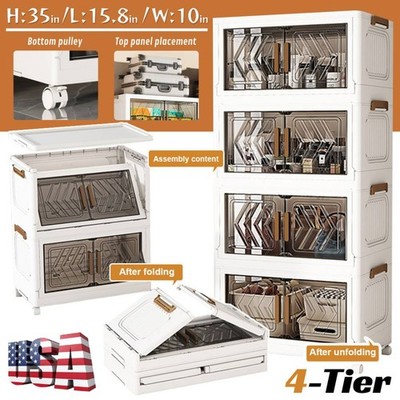 4 Tier Folding Storage Cabinet Stackable Boxes with Magnetic Doors & Wheels US