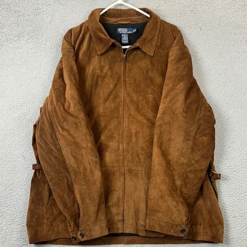 Polo Ralph Lauren Jacket Mens 2XL Suede Leather Brown Full Zip Long Sleeve EUC video thumbnail