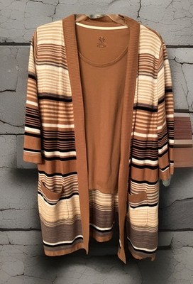 Issac Mizrahi 1X 2-Piece Cotton Blend Knit Top & Long 3/4 Slv Topper W/ Pocket