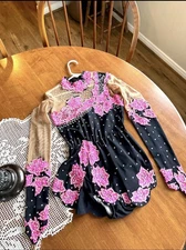 Rhythmic Gymnastics Leotard Child Size – Black Pink Lace Crystals- preowned