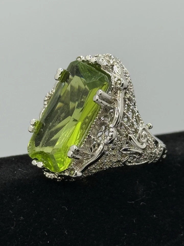 Anillo verde peridoto de plata de ley 925 vintage estilo Art Deco piedra grande talla 8 Foto 2 de 4