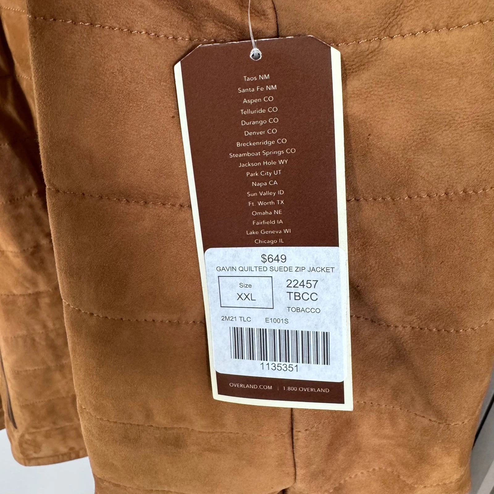 Overland Gavin Quilted Suede Tobacco Brown Zip Up Jacket XXL NEW Tan Leather - product detail image 4