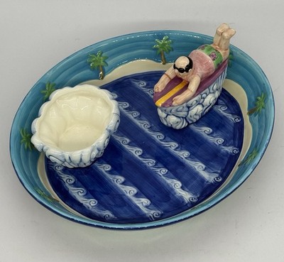 Summer Stock Chip N Dip Surfer Ceramic Bowl Hand Painted w/ Dip Bowl 14  x 12 