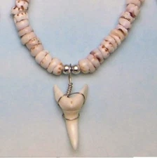 Natural Tiger Puka Shell Hawaiian Necklace Mako Shark Tooth 1 and 1/8"