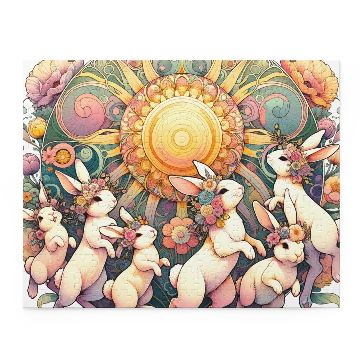 Puzzle (120, 252, 500-Piece) Whimsical Bunnies Flower Crowns