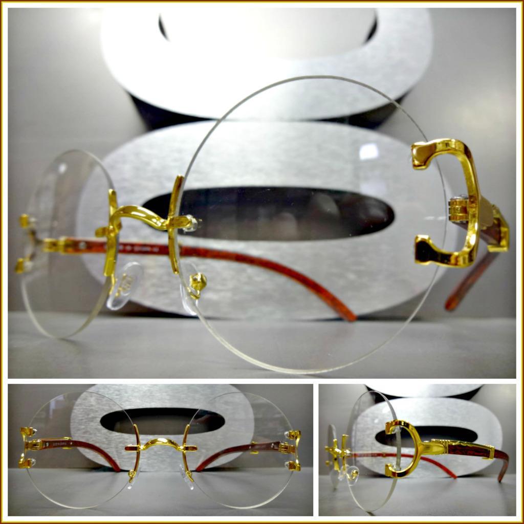 Men's Vintage Retro Style Round Clear Lens EYE GLASSES Rimless Gold Wood  Frame