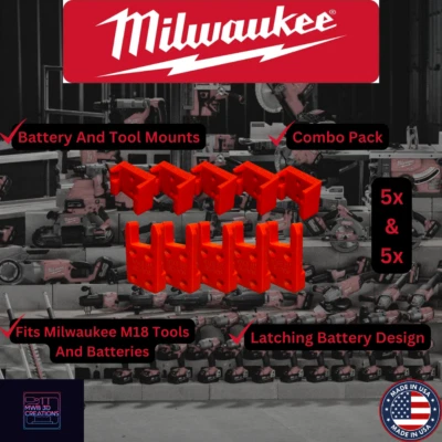 10 Piece Combo Pack Milwaukee M18 Battery & Tool Holder / Mount / Hanger