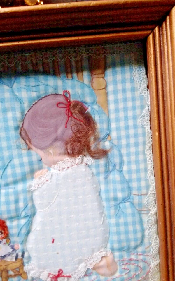 Vtg Framed Embroidered Stitch Raggedy Ann & Little Girl Praying Signed 10"×8.5" - Image 4 of 4