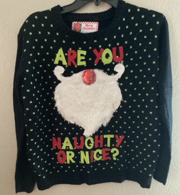 Holiday Christmas Ugly Sweater Naughty Or Nice Santa Beard Women s Medium