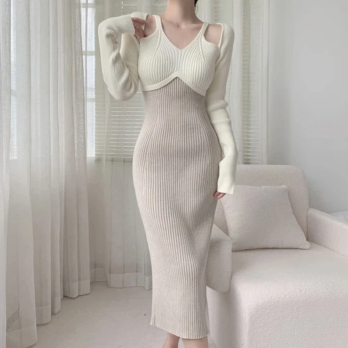 Retro Long Sleeve Knitted Dresses for Womens Autumn V-neck Bodycon Dress - Bild 12 von 17