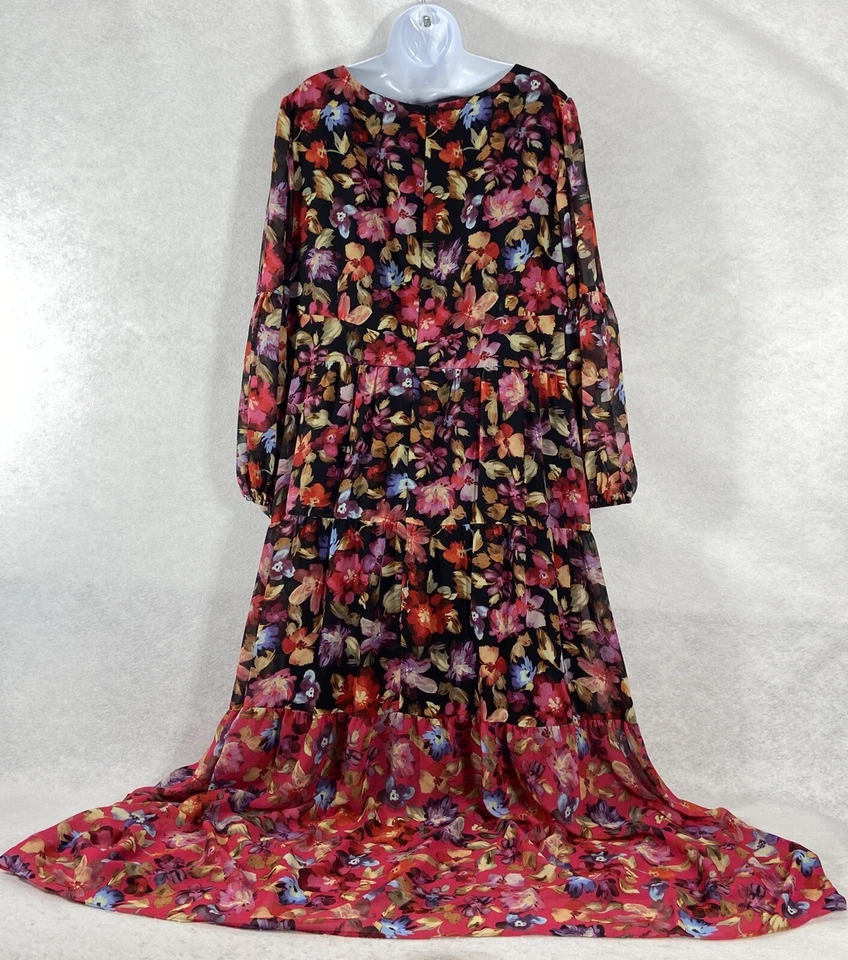 Vince Camuto Maxi Dress Womens 20W Red Black Long Sleeve Tiered Ruched Chiffon - Image 4 of 4