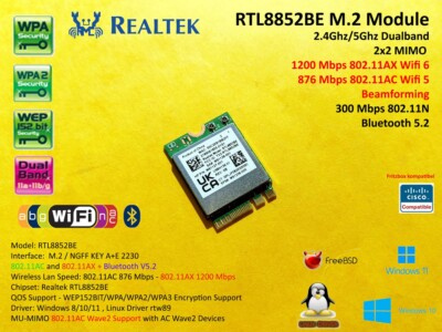 RTL8852BE NGFF M.2 KEY A+E 2230 802.11AC/AX WIFI 6 WLAN+Bluetooth 5.2 AX1800