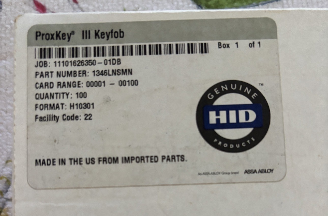 1346LNSMN ProxKey III Keyfob, Facility Code 22 Format H10301 #00001-00100